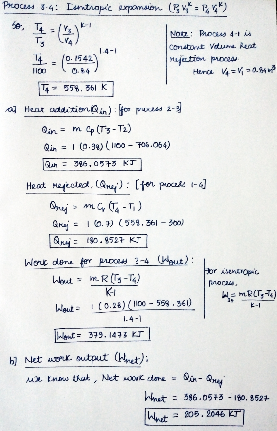so, TA K-1 1.4-1 1100 Process 3-4: [sentropic expansion (PVL = PAVK) - Cha) Note: Process 4-1 is Tz constant Volume heat Tq (