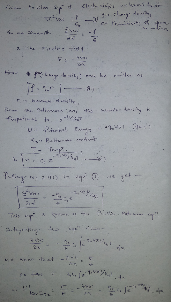 from Poission Equr of v?ves - Du one incensith, Van Electrostatics we know that f charge density & Permitivity of space. medi