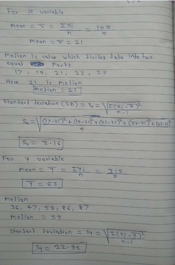 For X uariable Mean 105 Mean 2 2I Median is ualus wwich diuile data to too equal Parts 17 19) 2 S 21 , 23 1 median Median 21