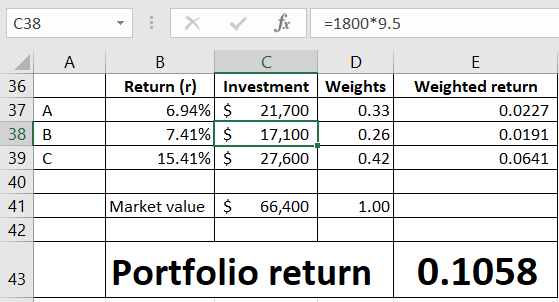 fir X -1800*9.5 С38 A В C E Investment Weights Return (r 6.94% $ 7.41% $ 15.41% $ 36 Weighted return 37 A 38 B 39 C 0.33 21,7