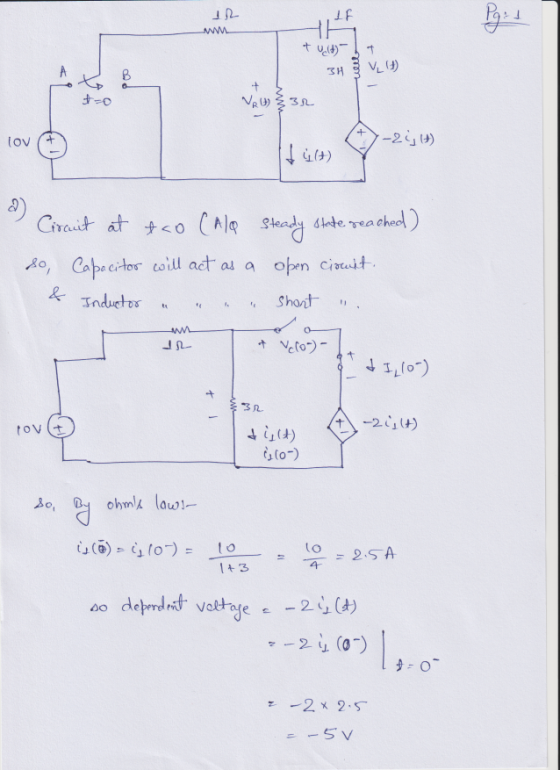 IN Bound tu.(4) V_) VR (H) 32 lov (+)-2364) Circuit at tao Cala Steady state reached) so, Capacitor will act as a open circui