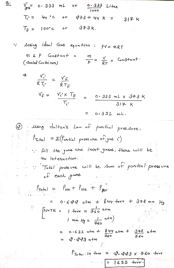 Young - 0. 333 ML or 0.333 Litoe 1000 T: 44 or 317 K 073+ 44 K = 373 k. TA = 100°c or - pr=ART using ideal Gas equation : nep