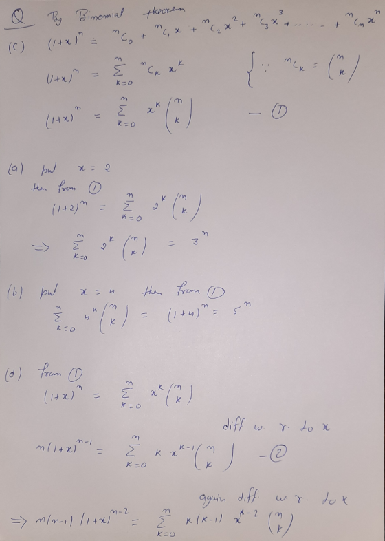 Q By Binomial theoren x + ... + Cm 3*3 + cxt Cox ? U EWEN (a) but a=2 then from t m (6) but as then from 0 k=0 diff w. r. to