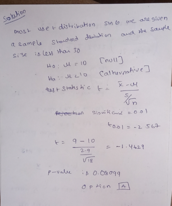 Solution must uset distribution SMG we are sinen a sample Standard denation and the sample size is less than 30 [null} Ho: M