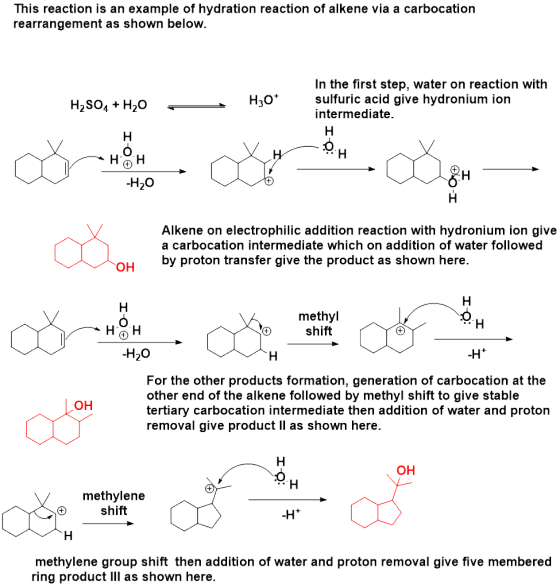 This reaction is an example of hydration reaction of alkene via a carbocation rearrangement as shown below. H2SO4 + H2O H30+