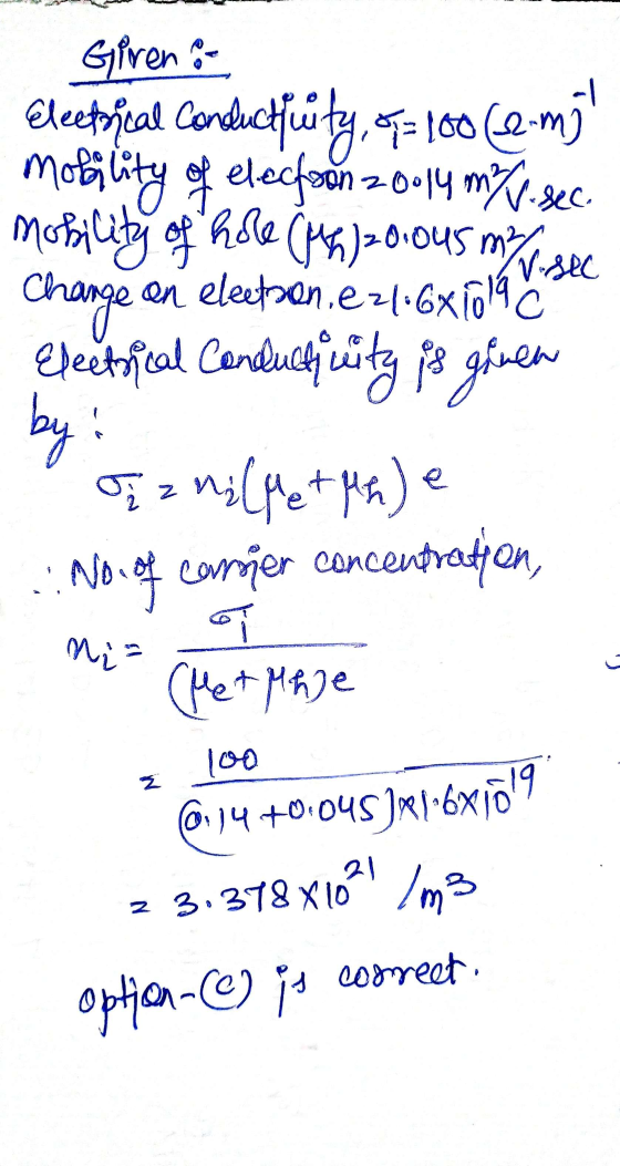 Giren & eletrical Conductivity, 5=10062mi mobility of electron 20014 m/v. sec. mobility of hole (uh) 20.045 m/s Change en el