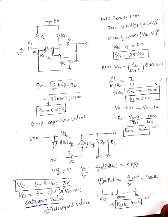 Take Ios 12-5mA. 15V {R2 {Ro Id= K (W) (V65-17) 12.59 (100m) (VGs-V) VGS-V1 = 0.5 |V9= 25 volts. Vi ER TEST Take VG =TRI 5=3.