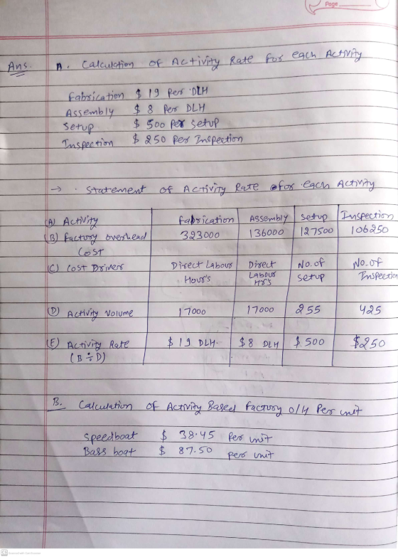 Page Ans. Calculation of activity Rate for each ACANAY Fabrication $ 19 per DEH Assembly $8 Per DLH Setup $ 500 per setup Ins