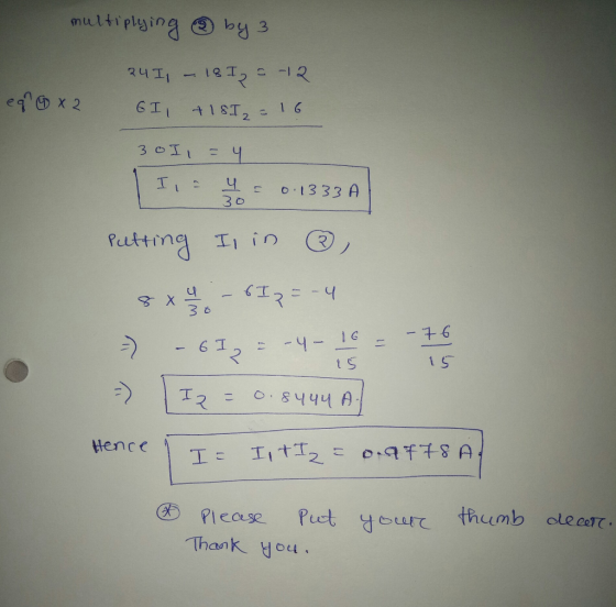 multiplying by 3 c 12 18T2 24I1 eqx 2 6I1 t18T2 -16 30I1 4 I = o 1333 A 30 I in Pesting X h- 36 -4-16 1 s - +6 61 15 I2 Henc