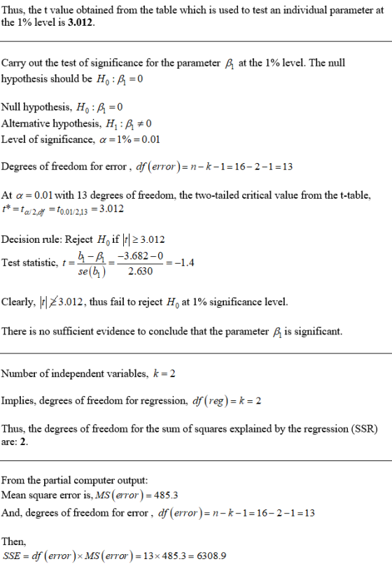 Thus, the t value obtained from the table which is used to test an individual parameter at the 1% level is 3.012. Carry out t