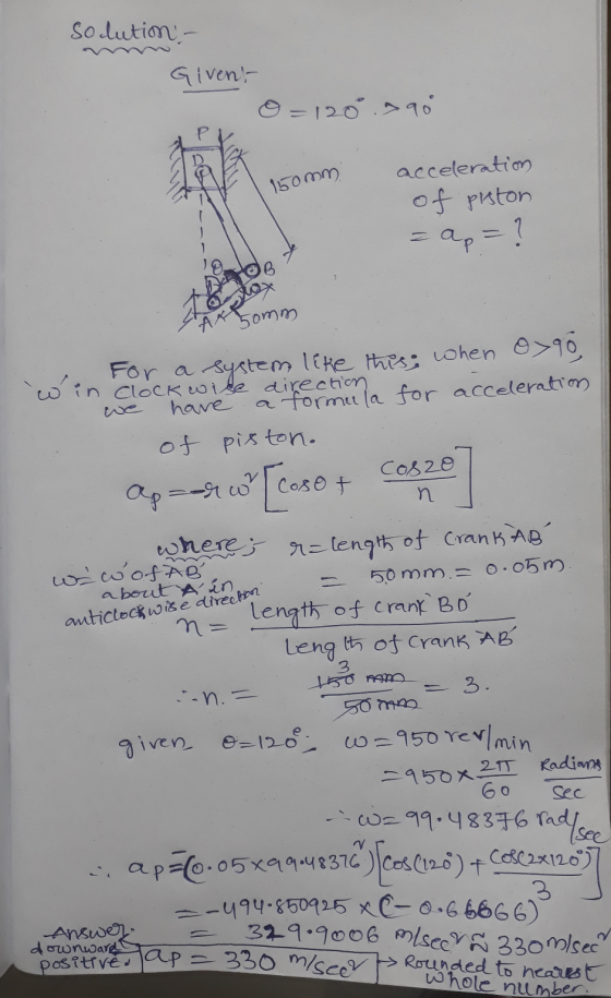 Solution - Givent- 0=120 290 150mm acceleration of piston = ap = ? BOB Axplo, Somm have n win clockwise direction For a syste