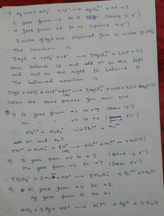 (ar) D Hg S (3) + NO + cd glo- & MOTS s goes from - to o log (lose 2 e) N goes from t5 to 42 gains 3e) 3 moles of Hgs are r
