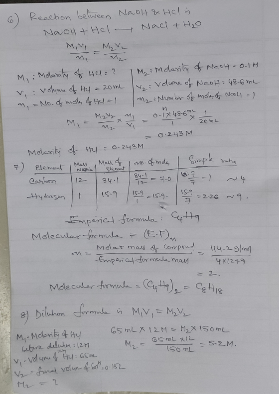 6) Reaction between Naot & Hel is NaOH + Hel - Nach + H₂O Min = M2 z C 20ml M, Molasity of Hu: 2 M₂ : Molarity of North = 0.1
