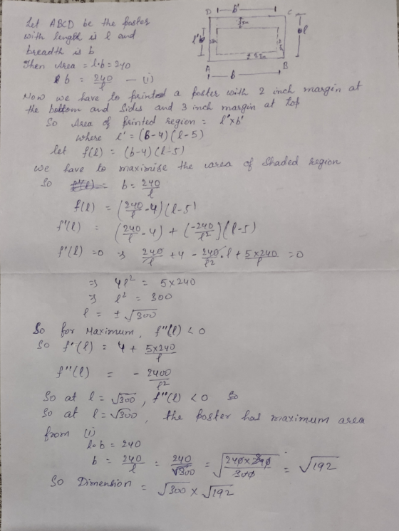 DEN leb=240 B A Now we Let A B C D be the poster 1 with length is l and breadth is b IL Then Area = b eno we have to printed