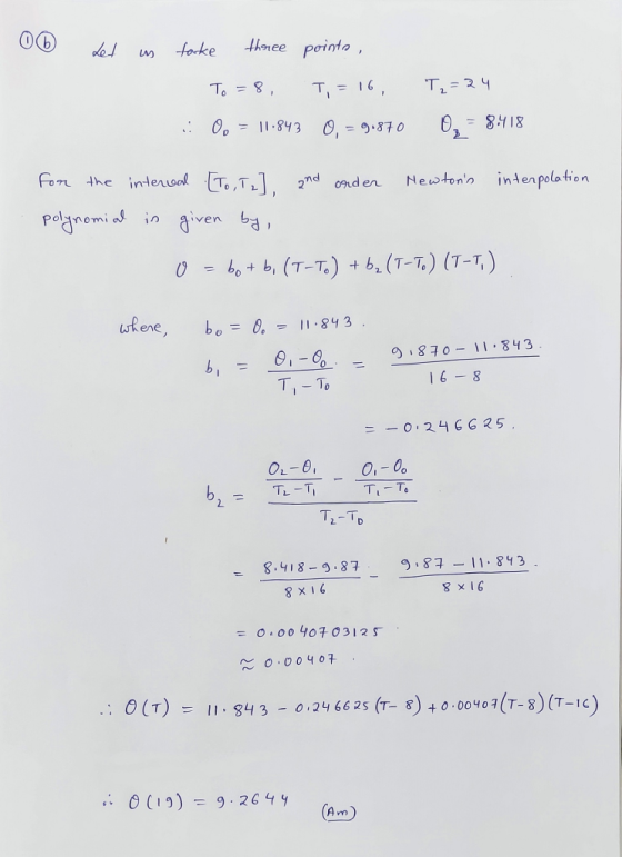 O Let us tarke three pointo, To=8, T,=16, .: O. = 11.843 0, = 9.870 T2=24 02 = 8.118 for the interval [T and order Newtons i