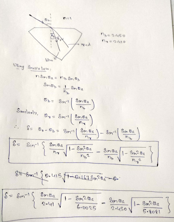 ny=2.450 nge 2.440 blue Using Snells law: n Sinoa = nb Sinay Sinoy = 1 Sinoa b= Sin-i Sinca п, Sironlarly, 07 = Sim-1 | Sin