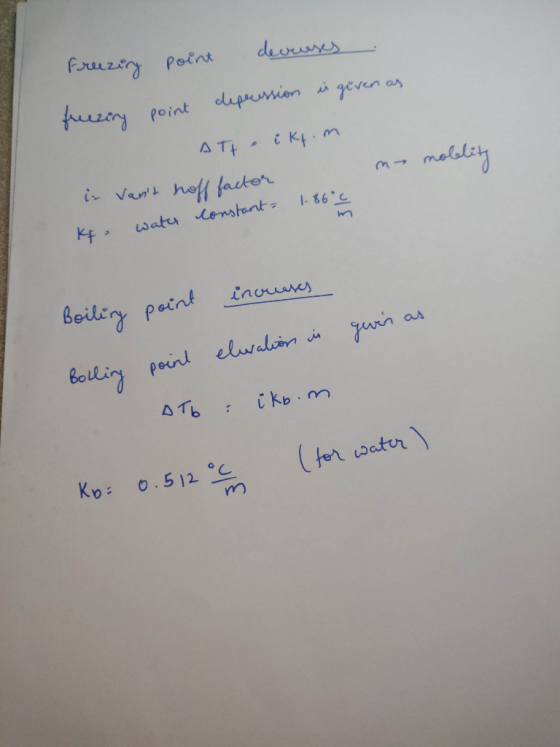 rezing point decreuses freezing point depression in geven as дт, скт in vant hoff factor my noblity kt water constant 1.86°