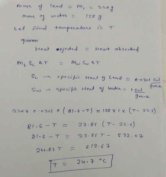 mors of lead = m = 220g mars of water - 150 g let final temperature is T given Heat rejected = hear absorbed m, S AT - Mw SWO
