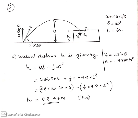 u TH h = t + ata u=46 m/s 0 -60° t = 65. a) vertical distance h is givenby vo= usino H * K. h ucose a = -9.8lmis? x -9.8xt? =