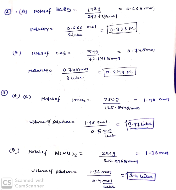 © (A) Moles of Baßrga 1989 = 0.666 mor 297.1481ormon S poracity= 0.666 mol = 10.333M - 2 lebe 72.1.43 glomer - Mla Moraaly? 0
