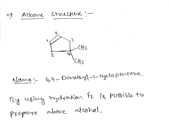 Alkene structeese :- LCH3 \CH3 Name: 44- Dimethy-1-eyelopentene. By using hydration it is possible to prepare above alcohol.