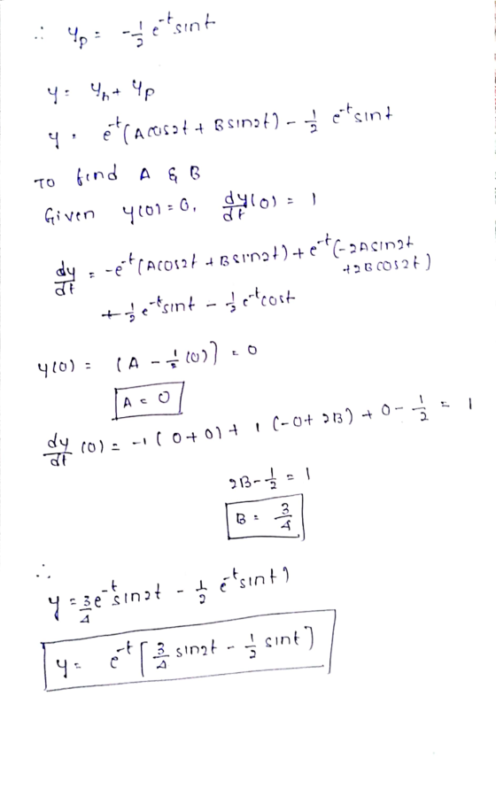 tsint Yp --- y : 4+ up etsint (ศ yi étracusot + B51006) - To find A & B lylo Given 4109= 0, de dy.-efracosat + B sınat) +e+(