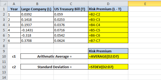 A. В C D E Year Large Company (L) US Treasury Bill (T) Risk Premium (L-T) 1 0.0392 0.059 -B2- C2 2 1 0.0253 0.1418 3 2 ЕВЗ-СЗ