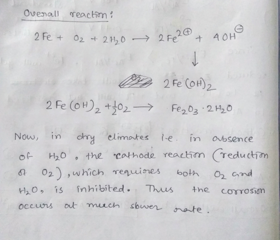 Overall reaction : - 2Fe + O2 +240 276 26 + 40H 22 2 Fe (OH)2 2 Fe(OH)₂ +202 - Fe2O3 .2420 Now, in dry climates re. in absenc