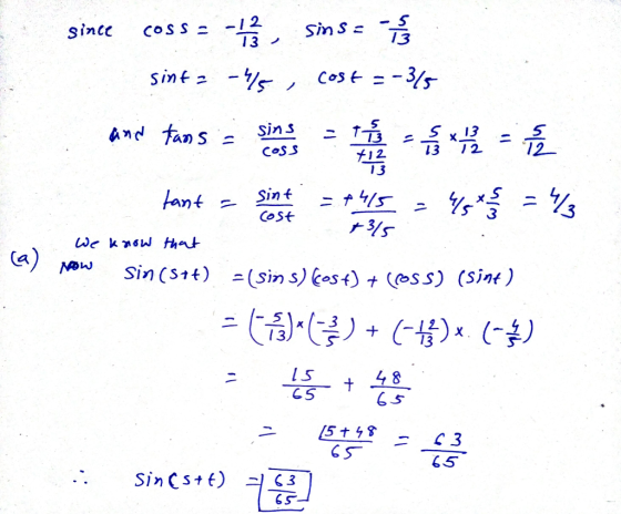 since Cossa - Sins i sinta -45, cost = -3/5 and tans sins coss = 11/13 = 23 x 1 12 + 13 음 45** = 443 tant sint cost = +415 =