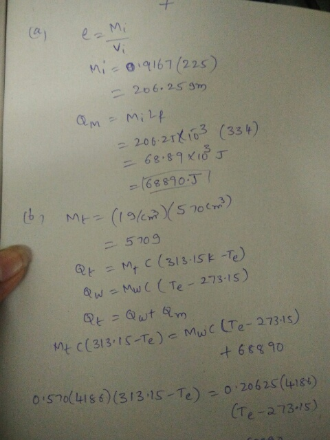 ea Mi Mi-0.9167 (225) = 206.259m am - Milf = 206.25X103 (334) 68.89x13 J = 168890.5 ME= (19/cm) (570 m) =5709 Qt = M₂ C (313-