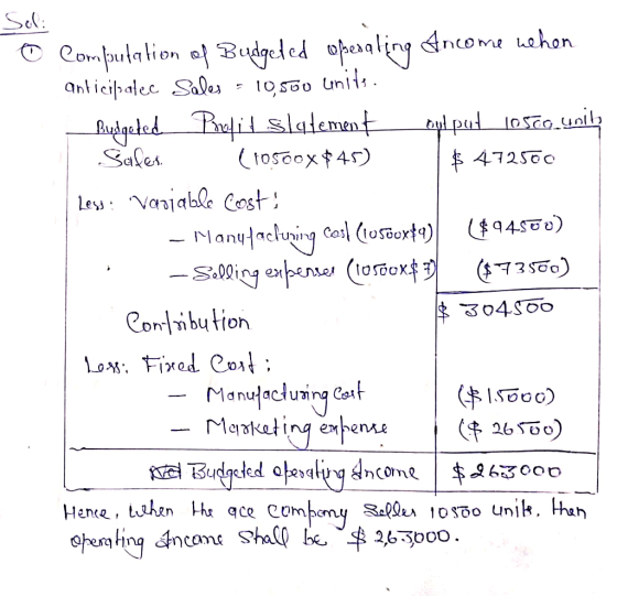 Sel: © Computation of Budgeted operating Ancome when anticipalec Sales - 10,500 units. Budgeted. Profit Slatement byl put 105