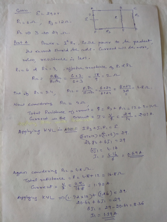 A B Given E 29.05. 1 Re E R = 6, R = 12.2. R2 3 to 24 d. F 1² R₂ Past A Power So the power to be greatest, the current should