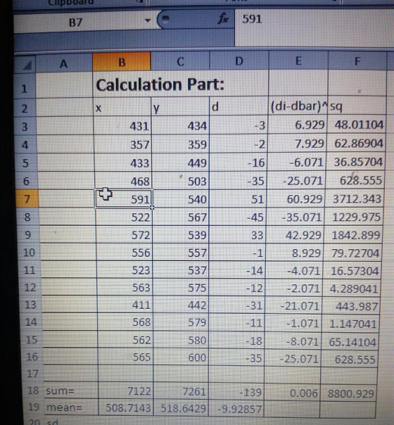 B7 591 Calculation Part: 2 d (di-bar)sq 36.929 48.01104 431 357 433 468 434 359 449 503 27.929 62.86904 166.071 36.85704 -352