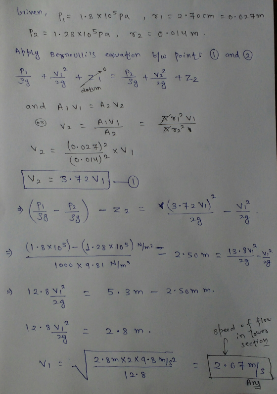 briven, P. = 1.8 x 10spa , r1=2.70cm = 0.027m P2 = 1.28x105pa, r2 = 0.014m. Apply Bernoullis eauation be points 1 and ② datu