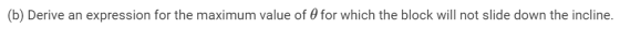(b) Derive an expression for the maximum value of 0 for which the block will not slide down the incline.