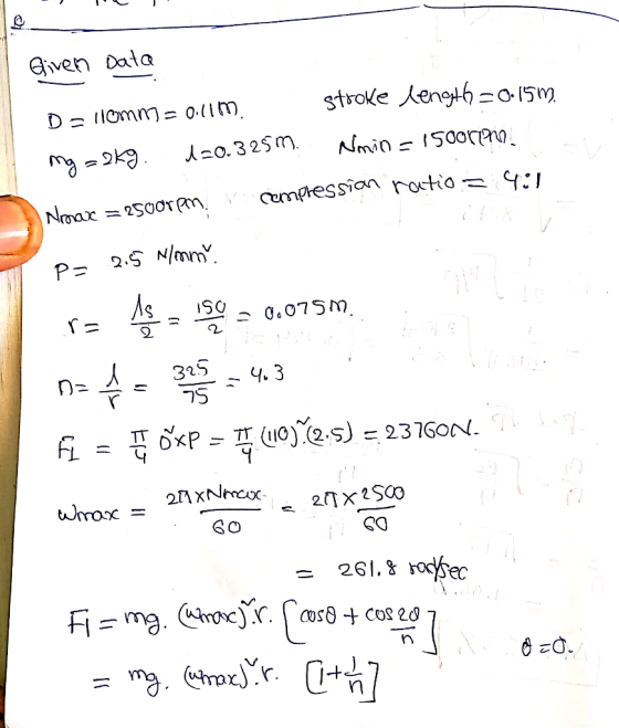 Given Data stroke length=0.15m. D = llomm = 0.11 m. mg = 2kg. d=0.325 m. Nmin = 1500rpm. 4:1 Neonar = 2500rpan V complessian