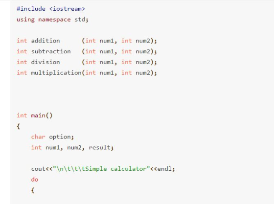 #include <iostream» using namespace std; (int num1, int num2); int addition int subtraction (int num1, int num2); int divisio