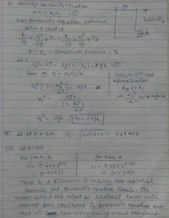 (b) Applying Centinuïteqcuation fim Bernoults equa tion beteen point 1 and approximation At 2ah 2. 2. fr tank a 38x 3 0.35 =