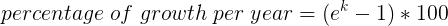 \large percentage\;of\;growth\;per\;year=(e^{k}-1)*100