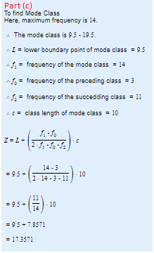 Part (c) To find Mode Class Here, maximum frequency is 14 . The mode class is 9.5-195 Ilower boundary point of mode class9.3 frequency of the mode class14 frequency of the preceding class3 = frequency of the succedding class = 11 class length of mode class10 14-3 2 14-3-11 9.5- 10 14 9.5 + 73571 - 17.3571