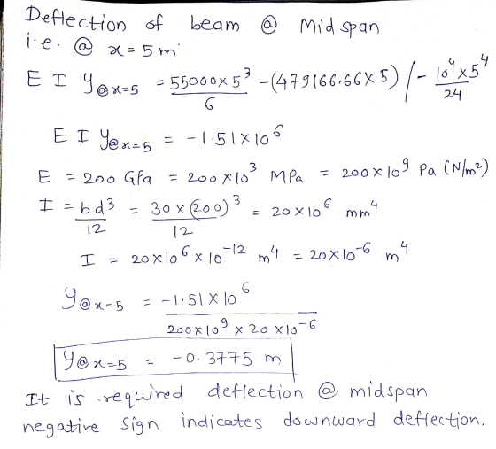 Deflection of beam i.e. @ x=5 mi @ Mid span لیا E I Y@x=5 = 55000x 5? -(479166.66X 5 10 x 54 5 24 6 EI You=5 = -1.51x106 3 MP