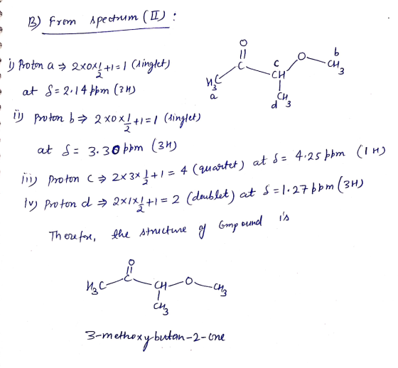B) from spectrum (II): O= и сн ED Proton a → 2X044 +1 = 1 (singlet) - at f= 2.14 ppm (3H) in proton b→ 2 x0x[+1=1 (singlet) d