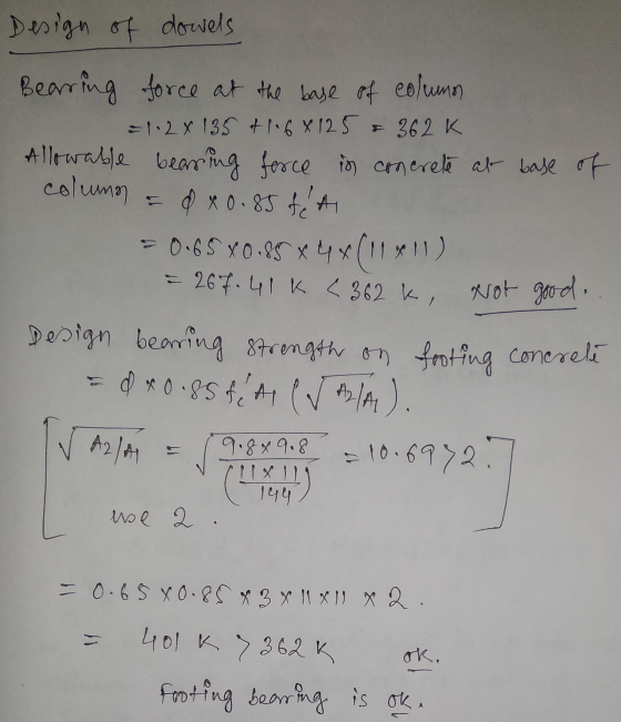 Design of dowels Bearing force at the base of columns = 1.2 x 135 tl.68 125 & 362K Allowable bearing force in concrete at bas