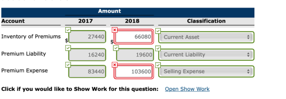 Amount Account 2017 2018 Classification Inventory of Premium:s Premium Liability Premium Expense 27440 66080Current Asset 16240 19600Current Liability 83440 103600Selling Expense Click if you would like to Show Work for this question: Open Show Work