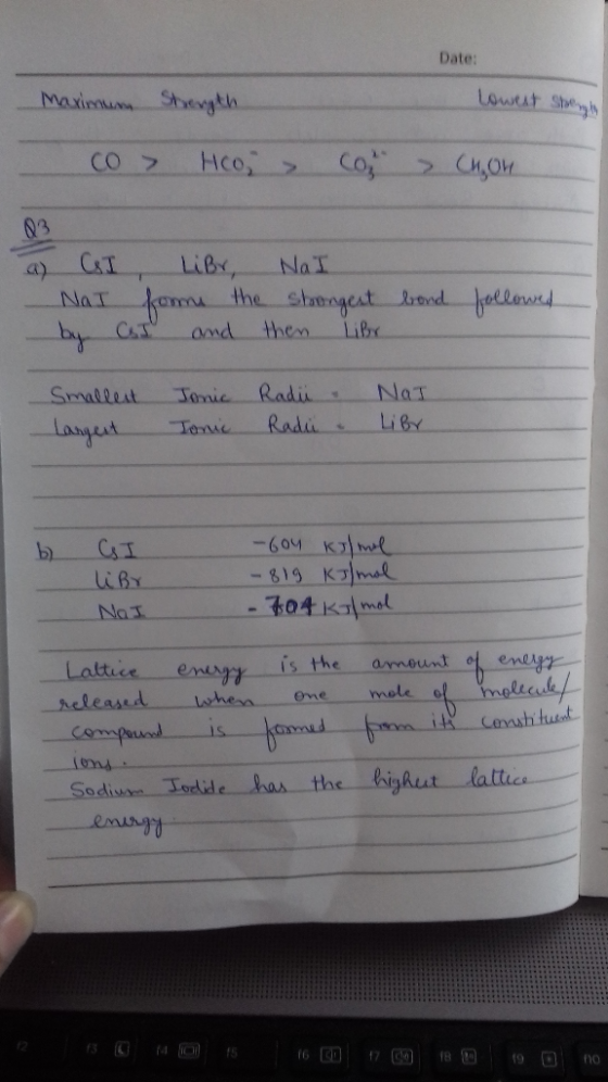 Date: Maximum Shergth lowest strong - co > Ho, co > CHOW 03 a CI LiBr, NaI - NaI forms the strongest by CT and then life bron