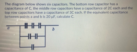 The diagram below shows six capacitors. The bottom row capacitor has a capacitance of C, the middle row capacitors have a cap