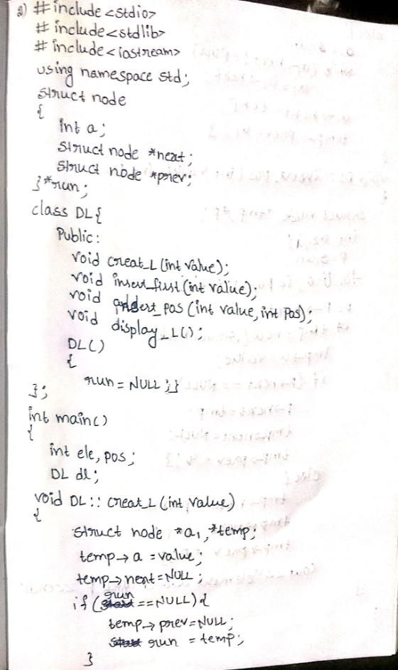 g) # include cStdio> #: include<stdlib- # include« iostream> using namespoce std sInuct node smua node prey: un . class DLE