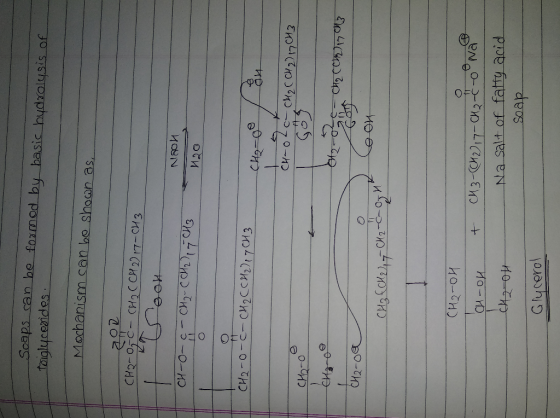 taiglycerides. Soaps can be formed by basic hydrolysis of Mochanism can be shown as, 200 -CHO-OC- CHO(CH2) 17-CH3 La Coon Nao