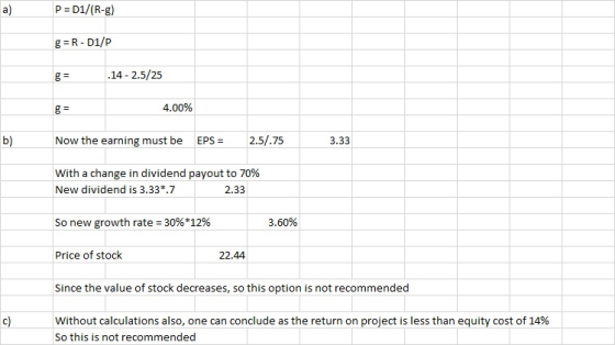 P = 01/(R-8) g=R-D1/P .14 - 2.5/25 4.00% b) Now the earning must be EPS = 2.5/.75 3.33 With a change in dividend payout to 70