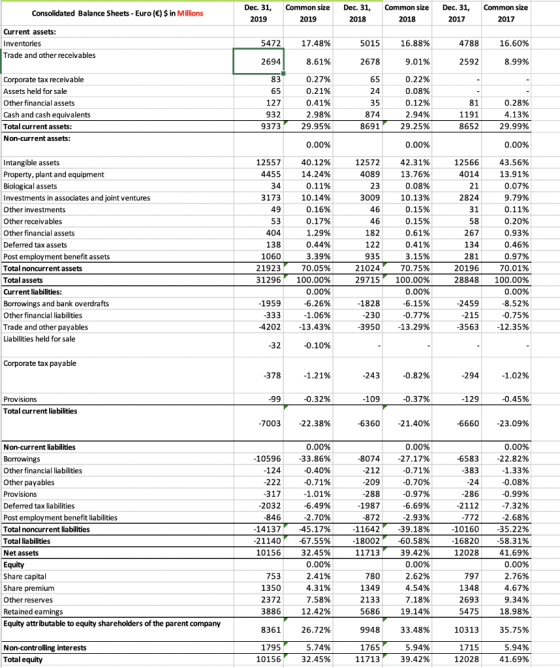 Common size Consolidated Balance Sheets - Euro (€) $ in Millions Dec. 31, 2019 Common size 2019 Dec. 31 2018 Dec. 31, 2017 Co